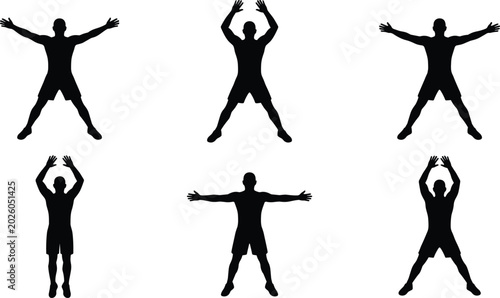 Εκτύπωση καμβά Six black silhouettes of a person in various dance or exercise poses on white ba