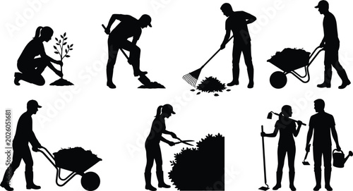 Schilderij op canvas Silhouette of people gardening and landscaping, various tasks silhouettes garden