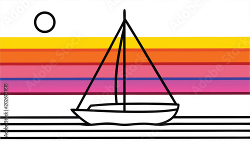 Photography Sailboat on colorful sunset sea with sun, modern graphic design