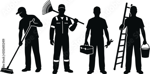 Φωτογραφία Four workers in various trades with tools, silhouette laborers tradesmen equipme