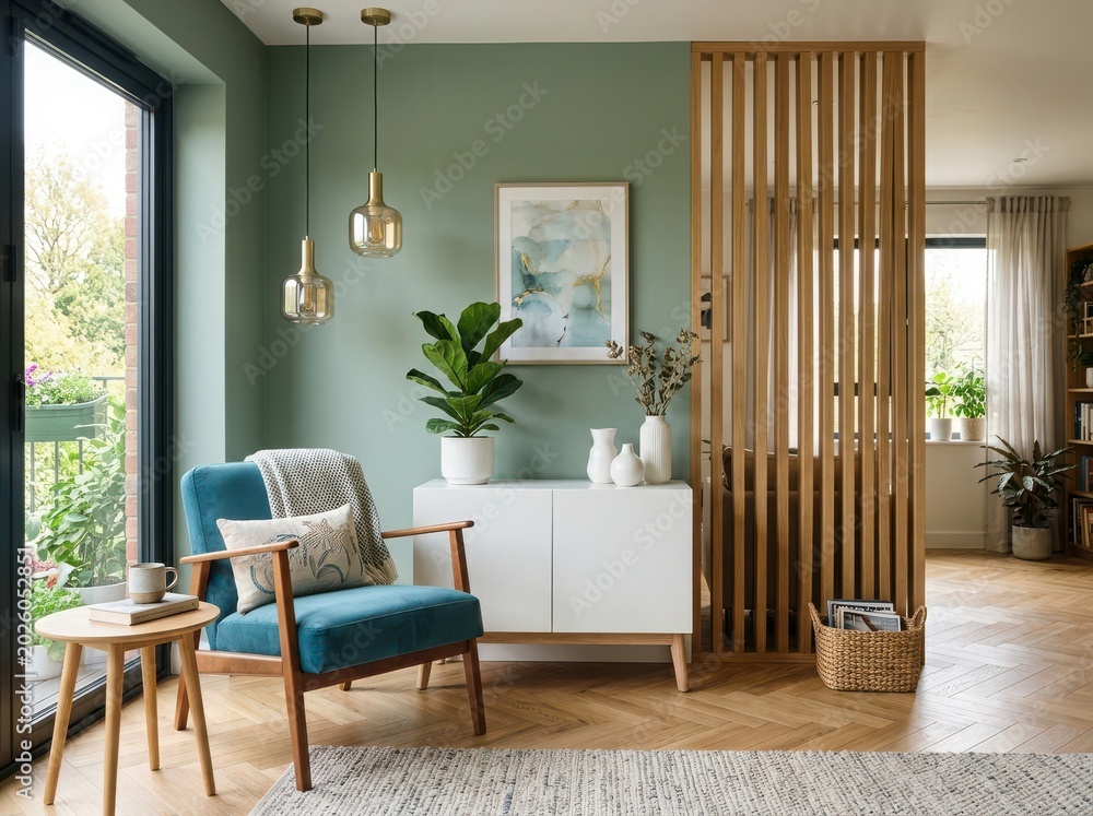 Fototapeta premium Modern cozy living room interior featuring sage green walls wooden divider and blue armchair.