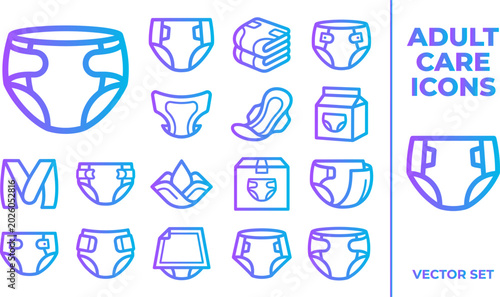 Adult care icons with blue purple gradient diapers and pads for hygiene and comfort products.