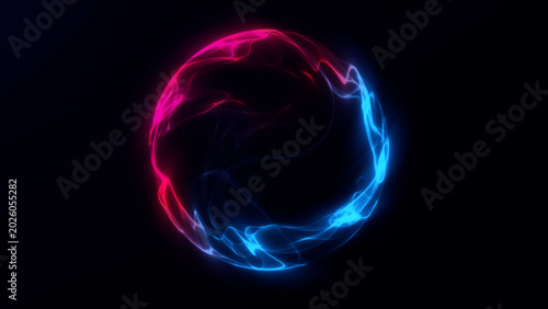 Futuristic red and blue glowing energy orb with smooth fluid wave motion on dark background. Abstract AI sphere for cyber visuals, digital technology, sci-fi intros, neural network concepts