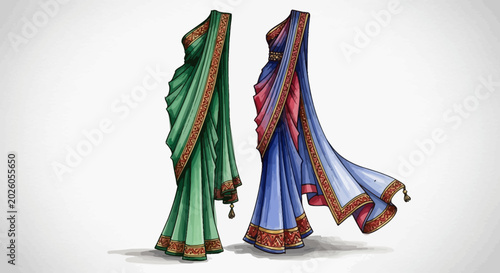 Illustration of Two Elegant Traditional Indian Sarees