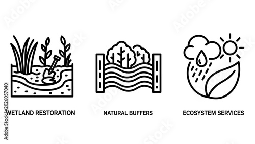 Environmental conservation icons illustrating wetland restoration and ecosystem services with restoration ecosystem environment conservation sustainability services protection wildlife