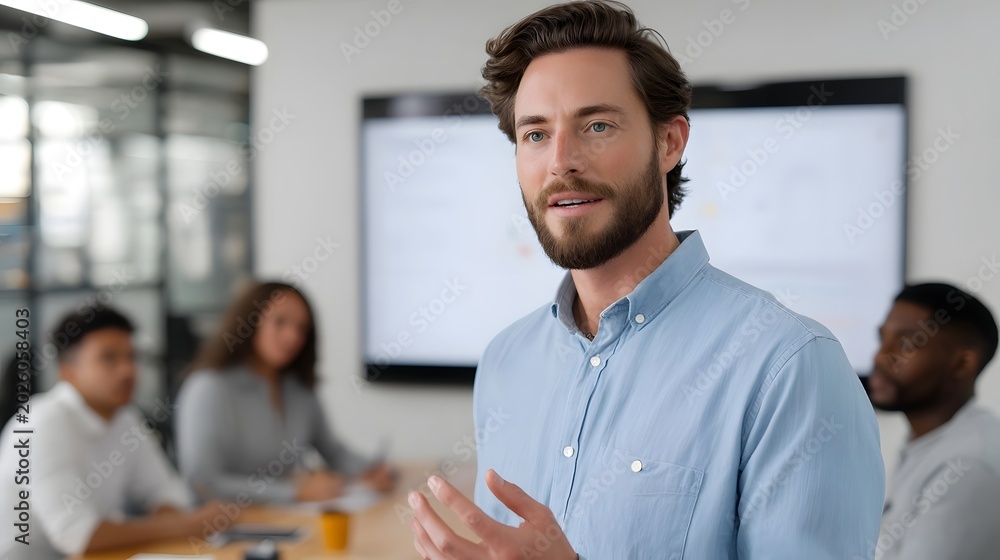Obraz premium A professional man in a light blue shirt looks thoughtfully while working in a modern office environment
