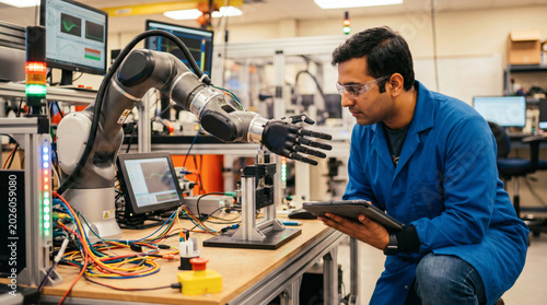 Engineer operating robotic arm for technology experiment in industrial lab