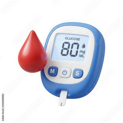 Blue glucose meter with red blood drop icon