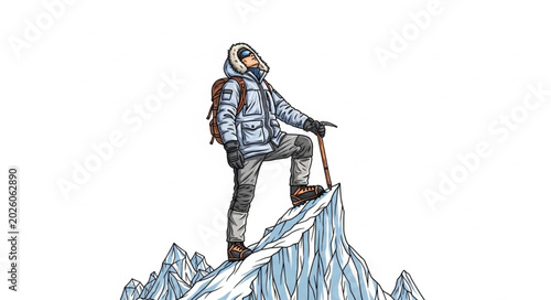Tableau sur toile Man standing on a snowy mountain peak holding an ice axe.