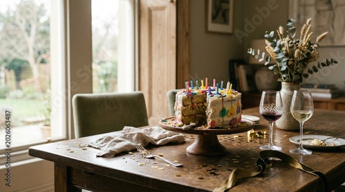 Multicolored layer cake with lit candles and missing slice on wooden table in natural light