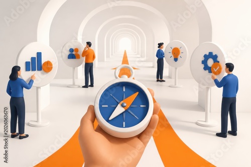 Hand holding compass guiding business team through futuristic tunnel with copy space and strategy icons