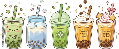Cute Boba Tea Collection with Matcha Brown Sugar Bubble Tea and Kawaii Dessert Drink Cartoon Vector Illustration Set