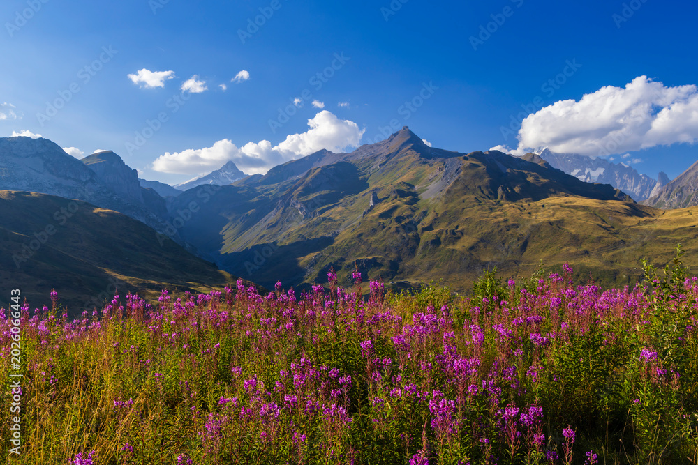 Fototapeta premium Landscape near Col du Petit-Saint-Bernard with Mont Blanc, on border France and Italy