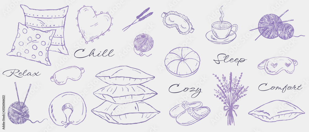 Obraz premium Cozy home relaxation set with lavender, pillows, tea, and knitting elements. Perfect for wellness and comfort themes. Hand drawn vector sketch illustration in vintage crayon charcoal style