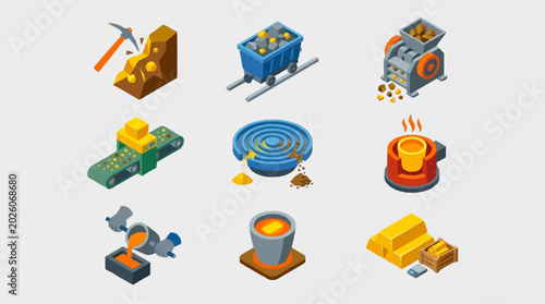 Fotografie Set of isometric icons representing the gold mining and refining process, from extraction to smelting and final bars