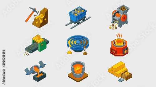 Set of isometric icons representing the gold mining and refining process, from extraction to smelting and bars.