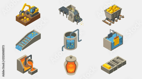 Isometric illustration of gold mining and refining process, showing extraction, processing, and smelting.