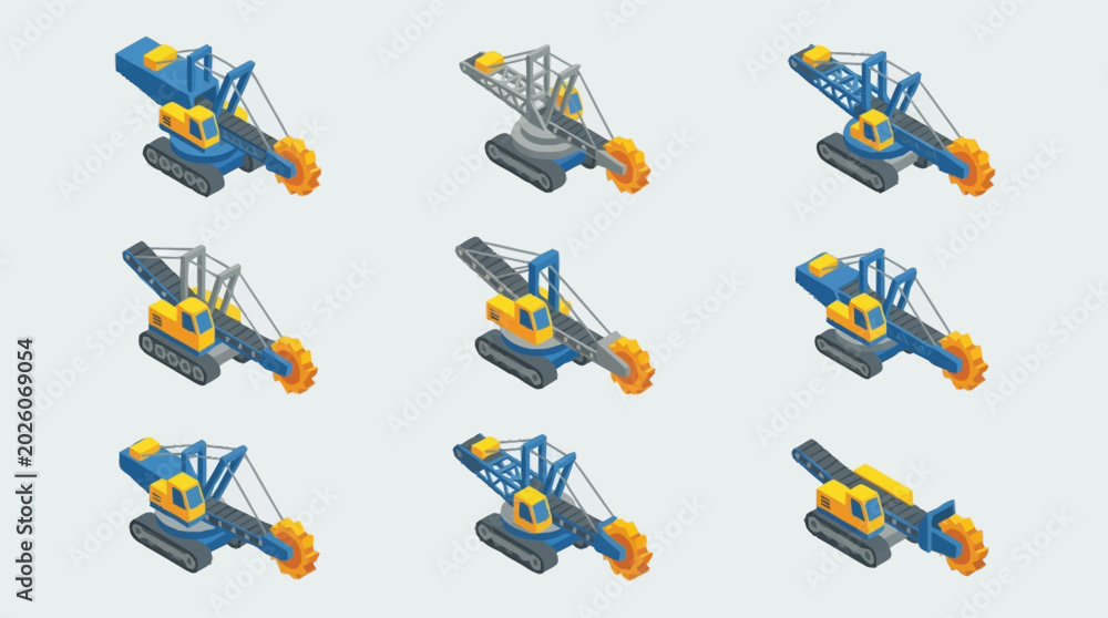 Naklejka premium Isometric view of a set of mining excavators in different positions and angles.