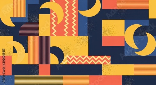 Abstract Geometric Shapes Pattern with Crescent Moons and Stripes.