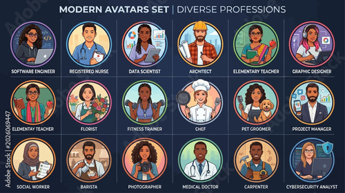 Diverse Modern Avatar Collection Showcasing Professionals from Various Fields