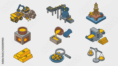 Isometric illustration of gold mining and processing equipment and tools.