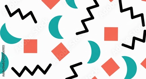 Retro Memphis Style Geometric Pattern with Abstract Shapes.