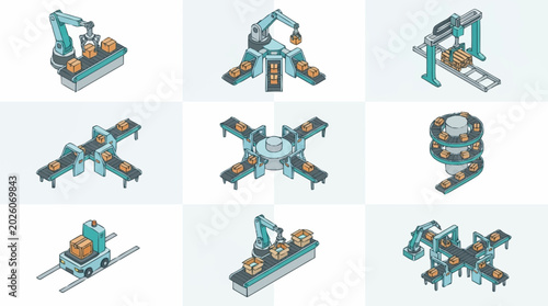 Isometric view of automated robotic arms and conveyor belts in a factory setting.