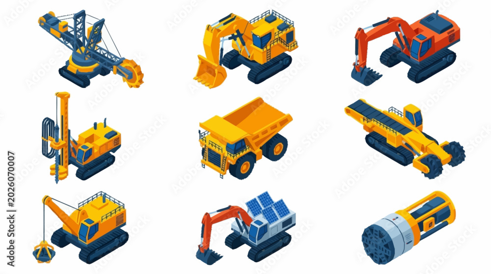 Naklejka premium Isometric illustration of various construction and mining vehicles on a white background.