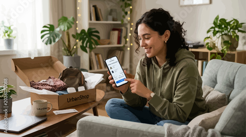 Smiling woman enjoying a convenient online shopping experience, unboxing her recent delivery at home in a cozy living room setting