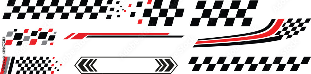Fototapeta premium Racing cars and race car stripes set, angled checkered patterns, checkered flag, start and finish line, motocross labels, dynamic lines, motorsport, racing stripe speed, sport decals, tuning stickers