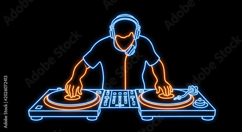Neon DJ silhouette performing on turntables, glowing blue and orange line art of disc jockey mixing music, vibrant electronic dance music club visual