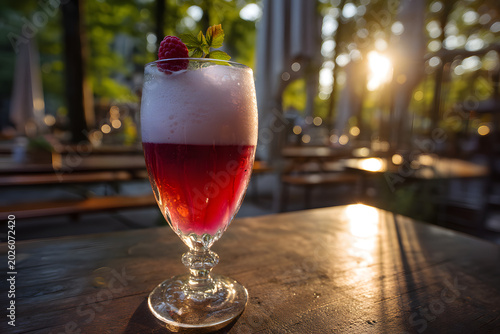 Classic Berliner Weisse Beer Served in Wide Bowled Stemme Glass with Raspberry Garnish at Sunset
