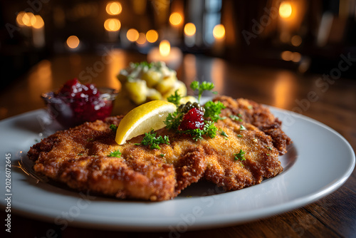 Classic Austrian Wiener Schnitzel Served on a Plate with Lemon and Garnish in a Cozy Berlin Restaurant Setting