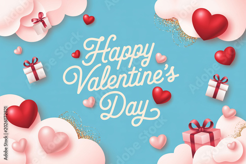 Happy valentines day greeting card with floating hearts and gift boxes on blue background with fluffy pink clouds for romance day.