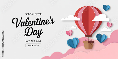 Valentine's day special offer with hot air balloon, clouds and hearts on light background, 50% off sale shop now.