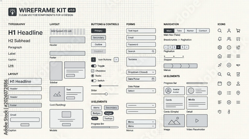 Modern user interface design kit template featuring essential wireframe components for web and mobile application development and prototyping