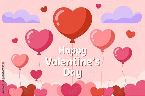 Happy valentine's day illustration with heart shaped balloons and decorative clouds on pink background.
