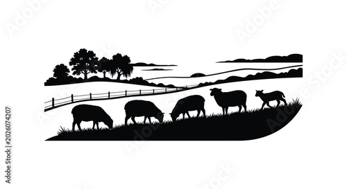 Foto Sheep grazing on hillside landscape black silhouette