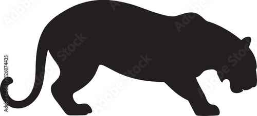 Black Tiger Silhouette Vector, Stalking Bengal Tiger or Panther Profile Icon, Wild Cat Predator Graphic for Logo Design and Sports Mascots