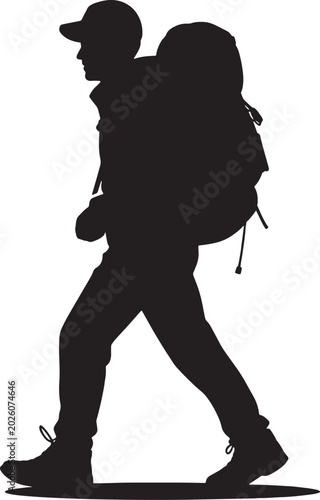 Hiker Silhouette with Backpack and Cap Walking, Male Backpacker Trekking Vector Illustration Isolated on White Background