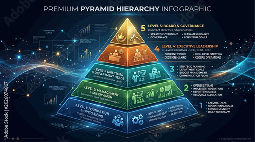 Dynamic Five-Level Pyramid Infographic Illustrating Business Hierarchy, Strategic Leadership, and Comprehensive Operational Management Structure