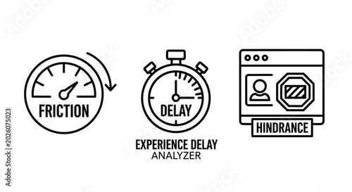 Friction gauge experience delay analyzer stopwatch hindrance icons with line art user interface friction analyzer hindrance stopwatch performance illustration collection business workflow