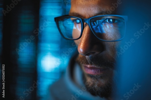 Focused man with glasses looking at computer screen in dark room, illuminated by blue light. Cybersecurity expert analyzing data and monitoring digital information at night