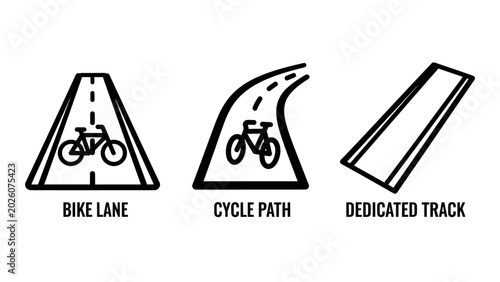 Cycling infrastructure icons: bike lane cycle path dedicated track with dedicated transport illustration infrastructure activity movement mobility lifestyle recreation exercise designation