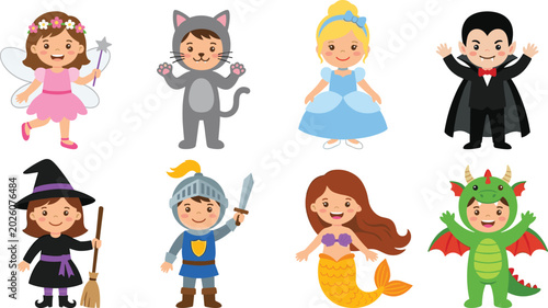 Foto Cute Kids Costume Vector Clipart Set Featuring Fairy Cat Princess Vampire Witch
