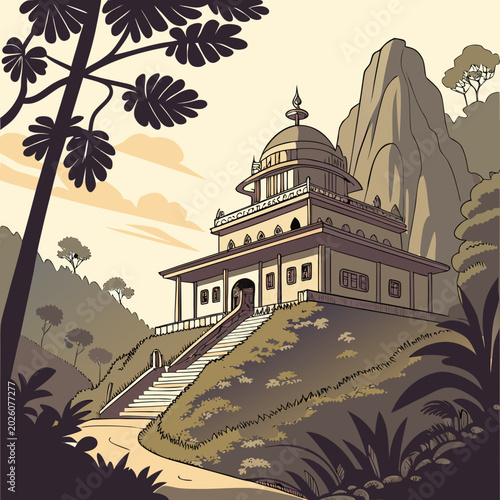 Photos Traditional asian temple on a verdant hill with mountain backdrop, stone stairs