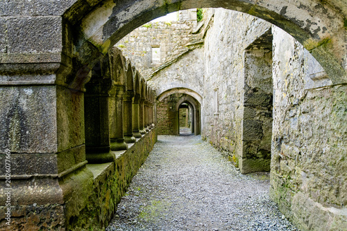 Interior of Ross Errilly Friary near Headford, County Galway, Ireland. Atmospheric medieval Franciscan ruins with Gothic windows and stone tombs.