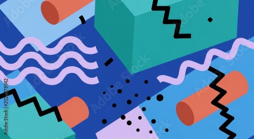 Retro Memphis Style Geometric Pattern with Abstract Shapes and Colors.