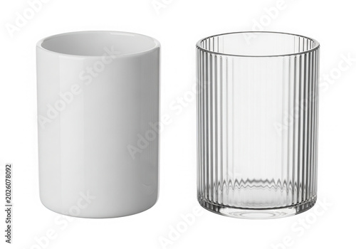 White ceramic mug and ribbed glass cup isolated on transparent background side profile.