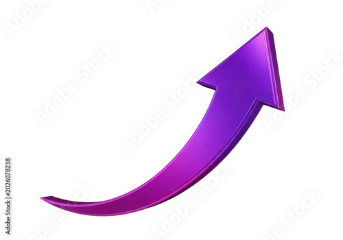 Purple metallic 3d arrow pointing upwards in curved motion for growth and success aim.